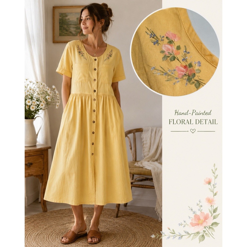 Vintage 90s Sunbelt Midi Dress L Yellow Handpainted Floral Cotton Button Front